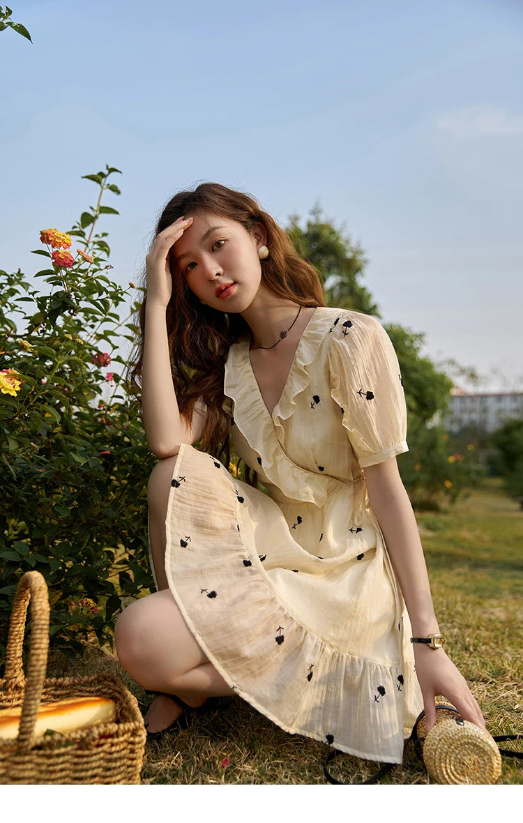 Mishow French Floral High Waist Puff Sleeve Dress MXC21L1282