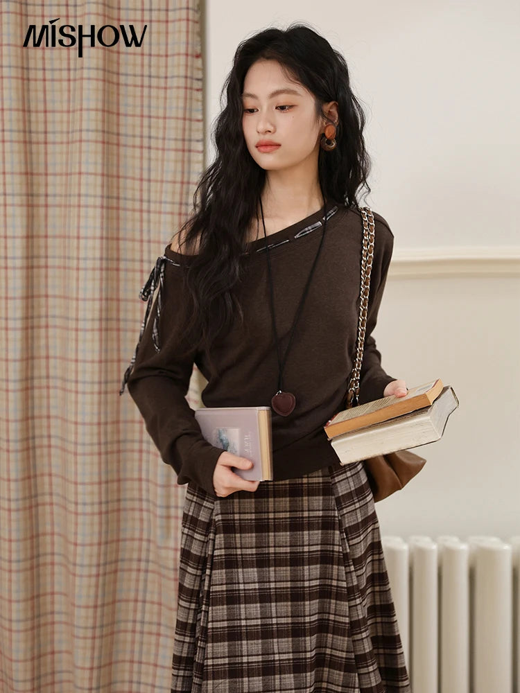 Mishow Slant Shoulder Dark Brown Strap Knit Top MXE45T1402