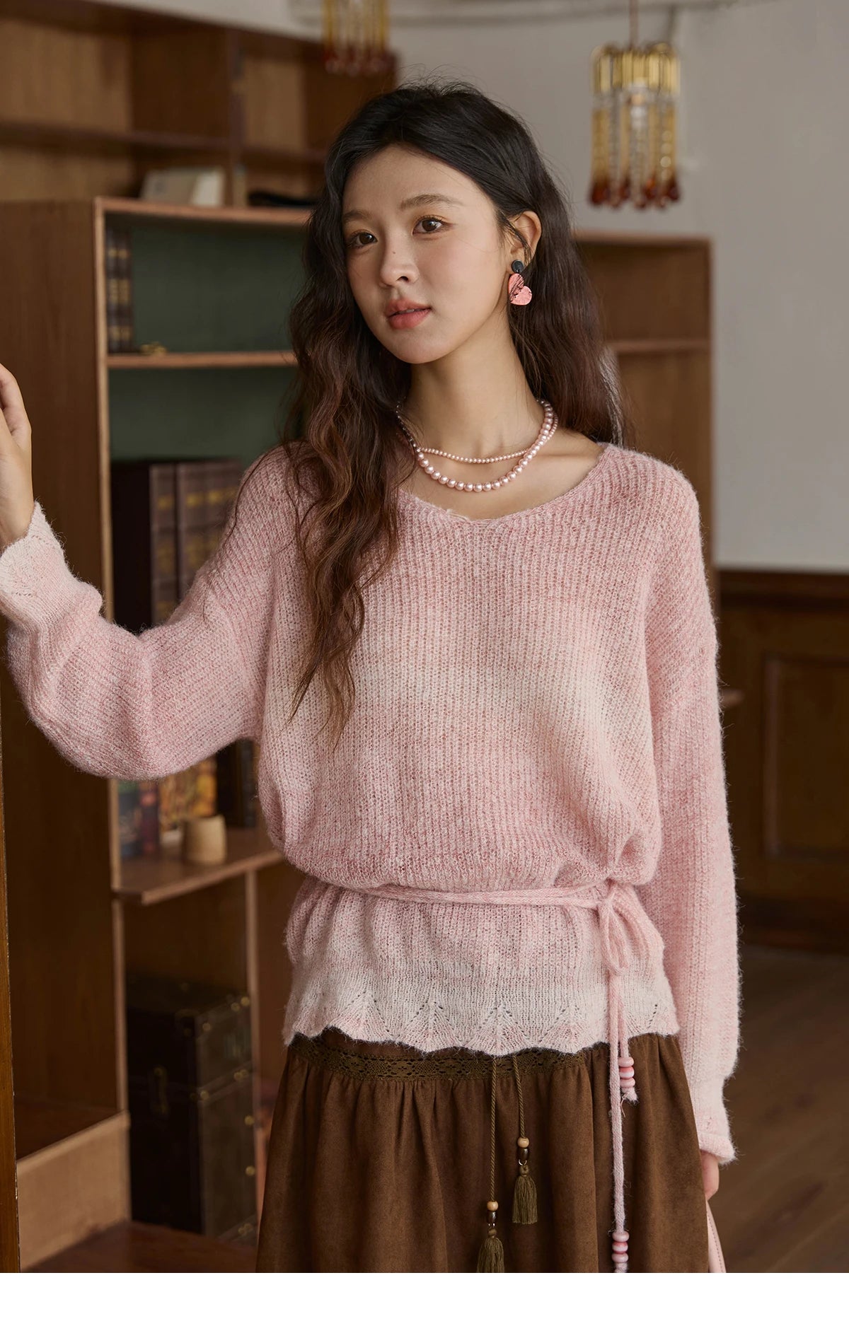 Mishow Pink Gradient Ribbed Cuff Sweater with Rope MXE43Z1334
