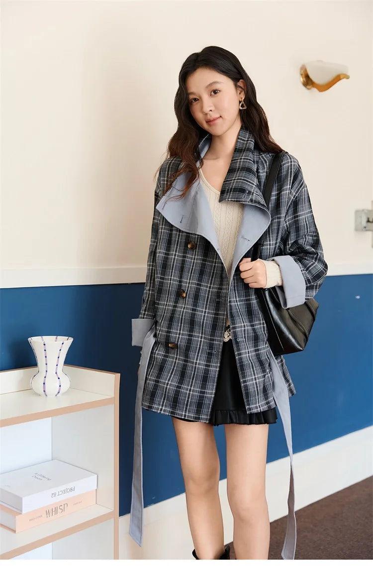 Mishow Blue Plaid Two-Sided Trench Coat MXE48W0871