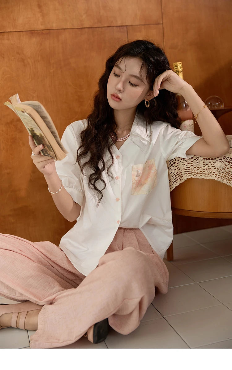 MISHOW Cotton Short Sleeve Shirt Embroidered Pocket Puff Sleeve MXD26C0243