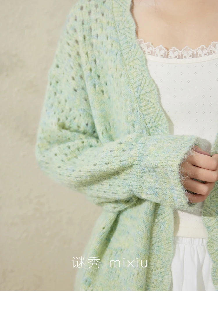 Mishow Green Hollow Out Wave Neck Cardigan MXE12Z1212