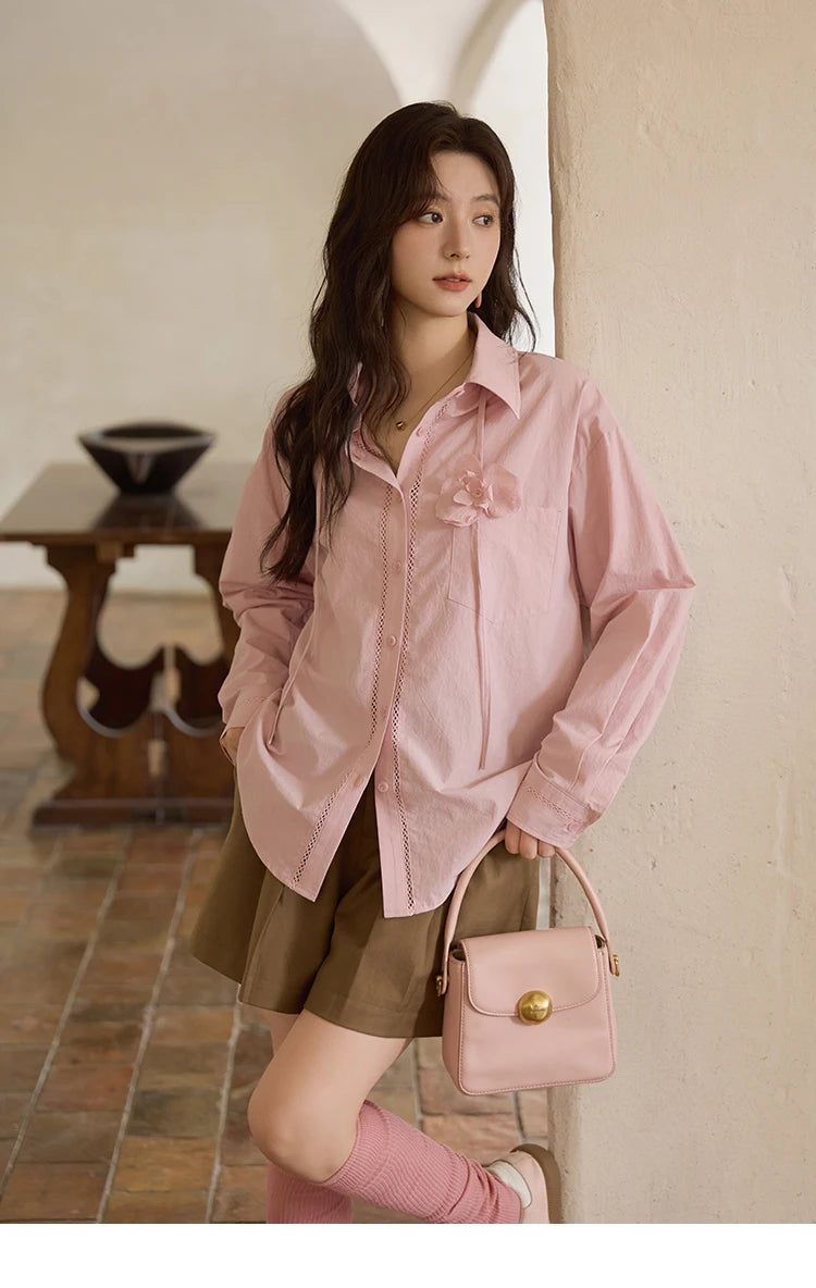 MISHOW Cotton Shirt Petal Ribbon Button Long Sleeve MXE41C2349
