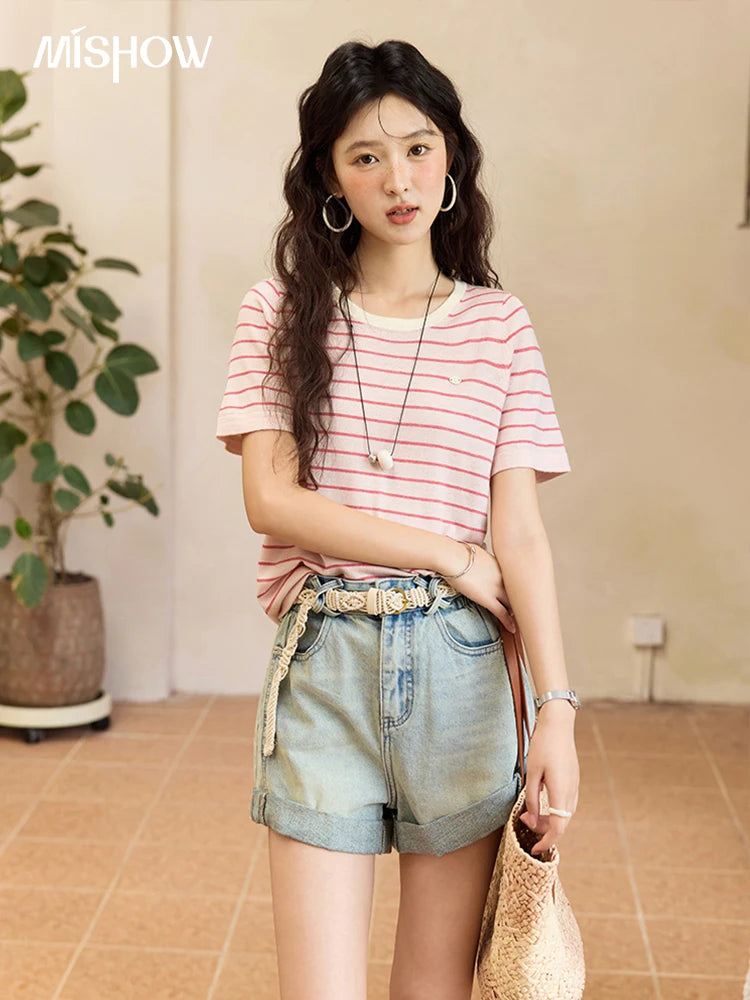 Mishow Retro Light Blue Washed Wide Leg Denim Shorts MXE35K0944