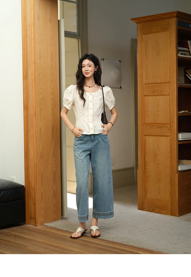 MISHOW Embroidery Cotton Shirt Puff Sleeve Button MXE39X1979
