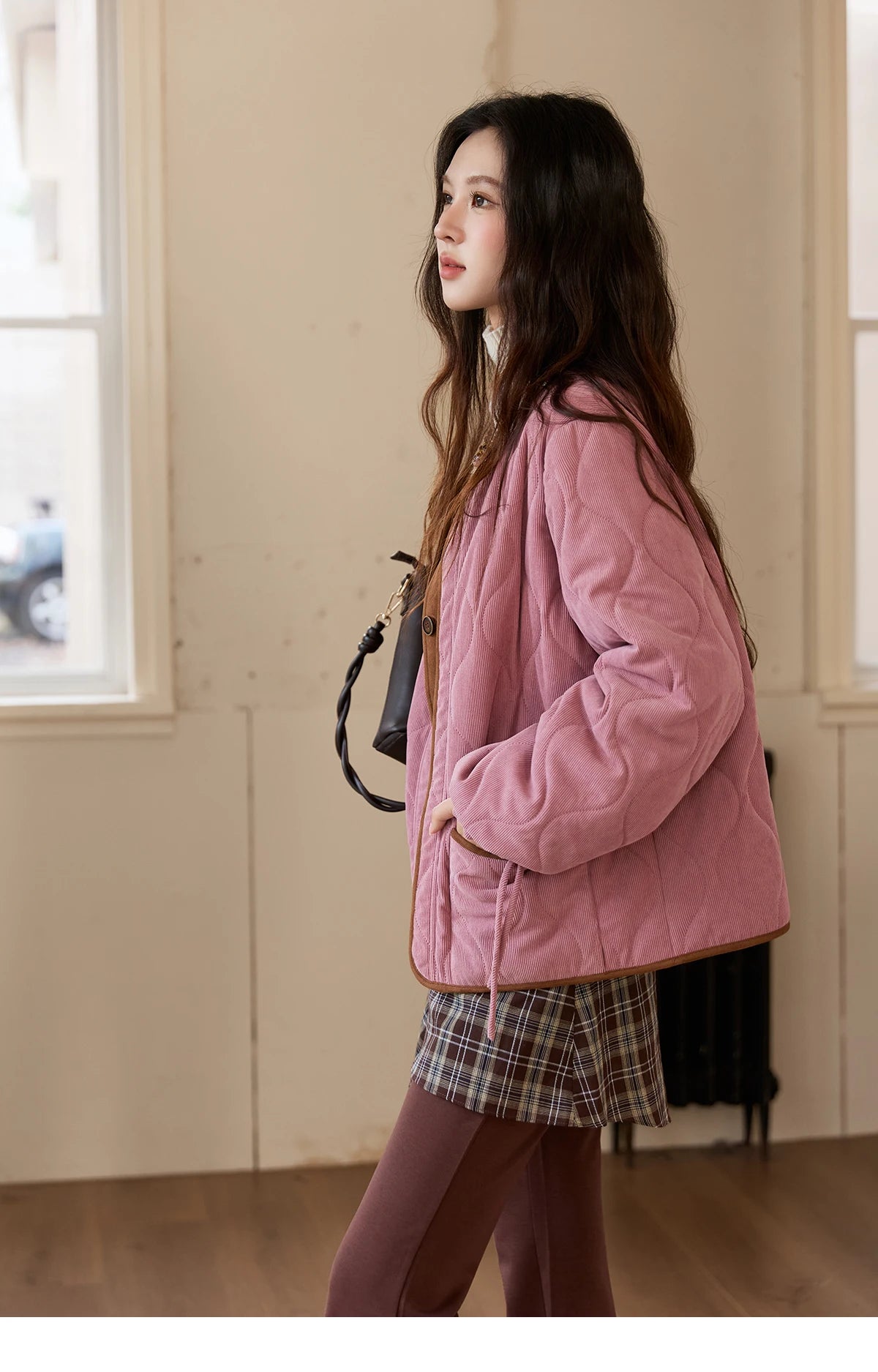 MISHOW Pink Purple Corduroy Jacket Gourd Pattern Splicing Suede MXE88W0882