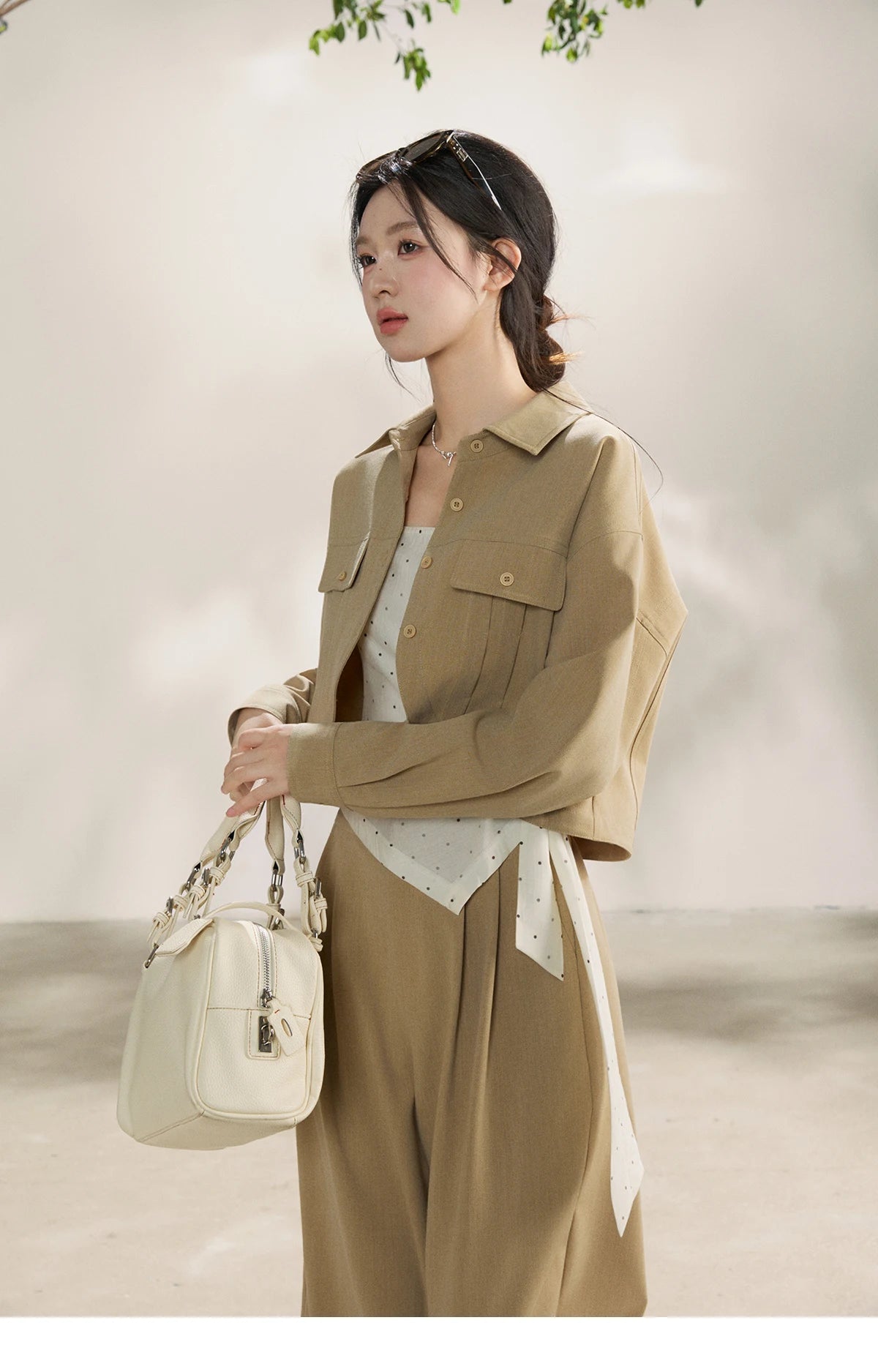 Mishow Khaki Cropped Jacket & Polka Dot Vest & Wide Leg Pants Three-Piece Set MXF13T1478