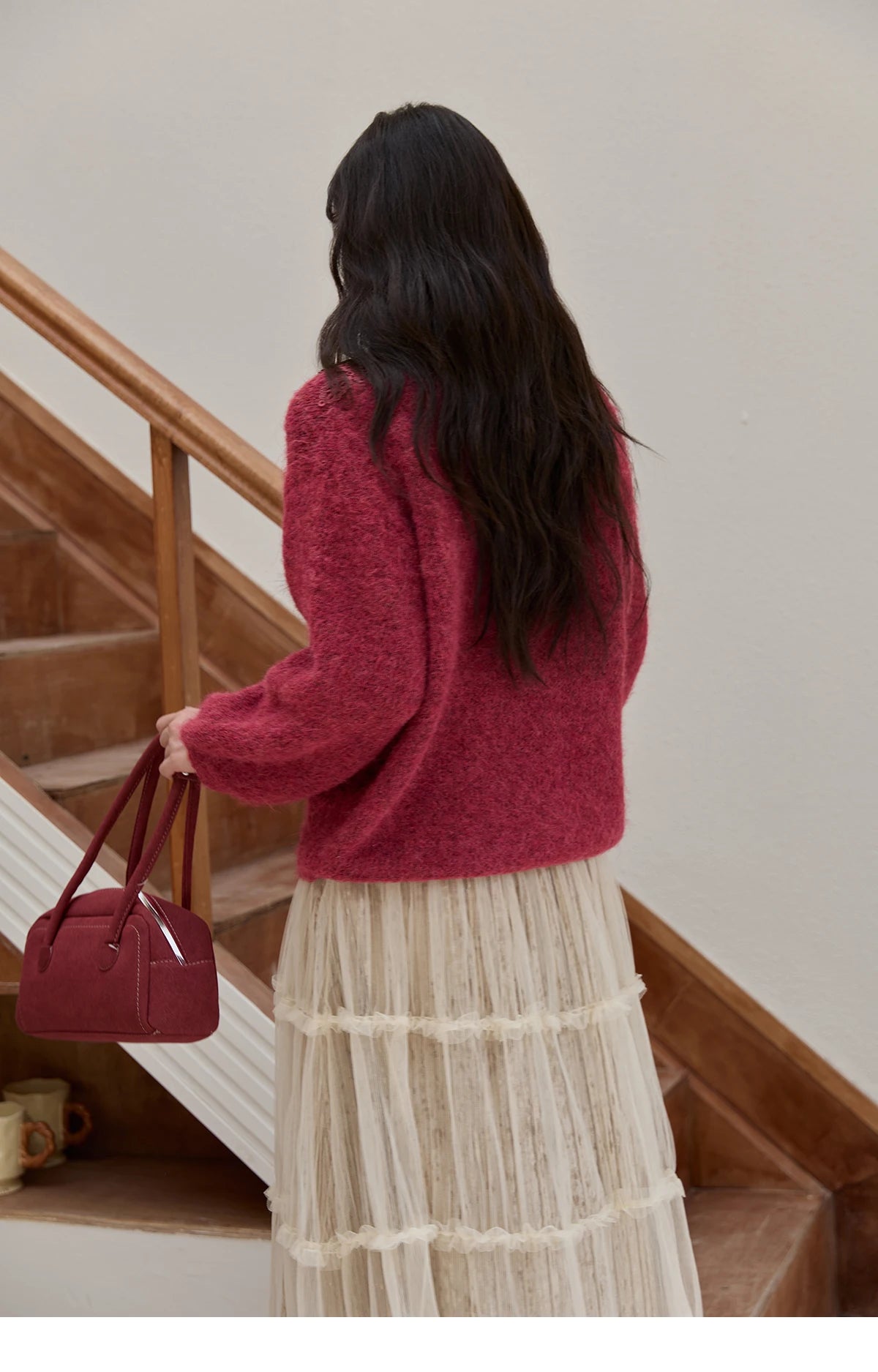 Mishow Pink Lace Wool V-Neck Lantern Sleeve Pullover MXE51Z2632