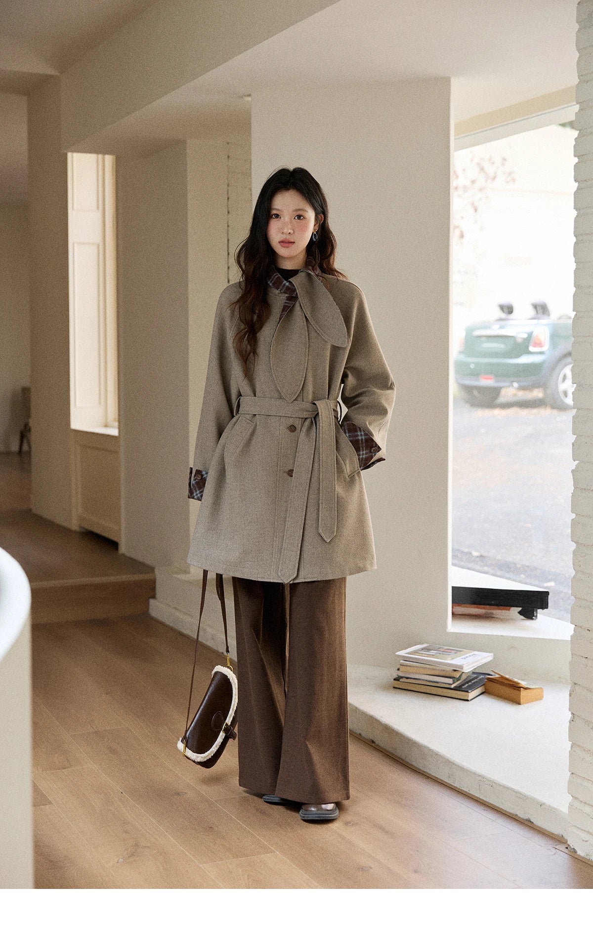 Mishow Retro British Plaid Rabbit Ear Tie Woolen Coat MXE90W0924