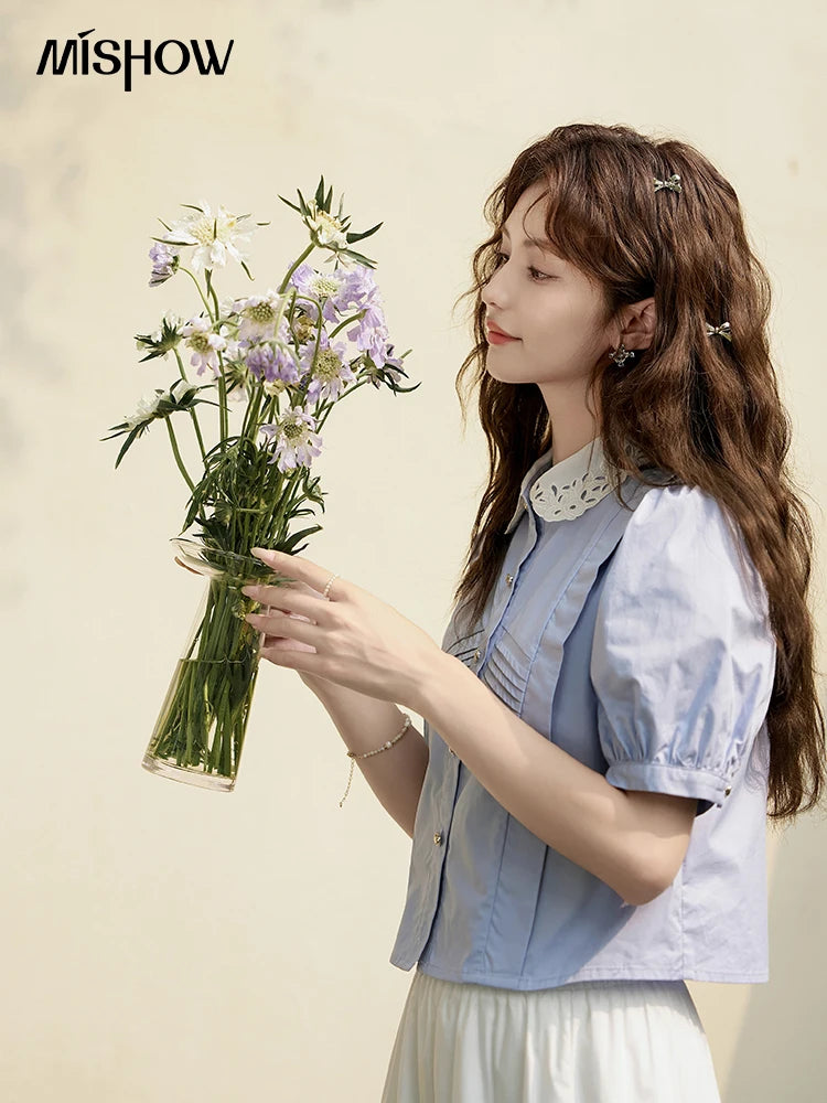 MISHOW Puff Sleeve Blouse Lace Lapel French Retro Contrast MXD26X1451