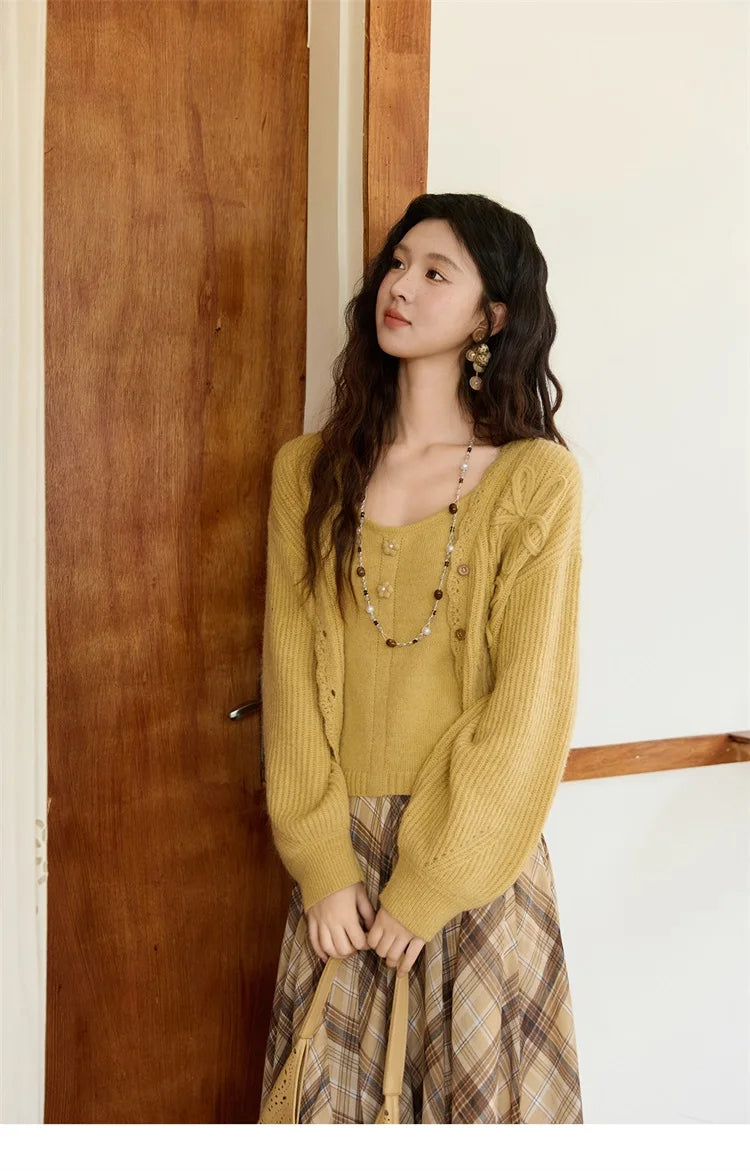 Mishow Yellow V-Neck Cardigan & Slim Camisole Set MXE45T0742
