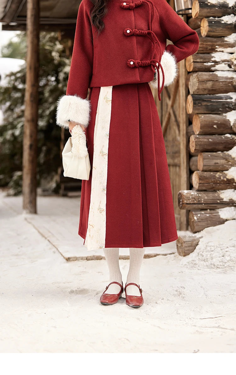 Mishow Tweed Jacket with Removable Fur Collar & Pleated Skirt Set MXD59W0609