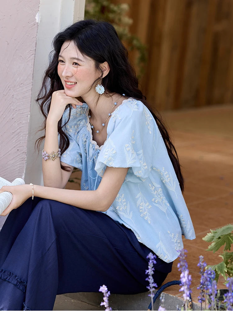 MISHOW Blue Cotton Embroidered Blouse Wave Edged O-Neck MXE35X1791