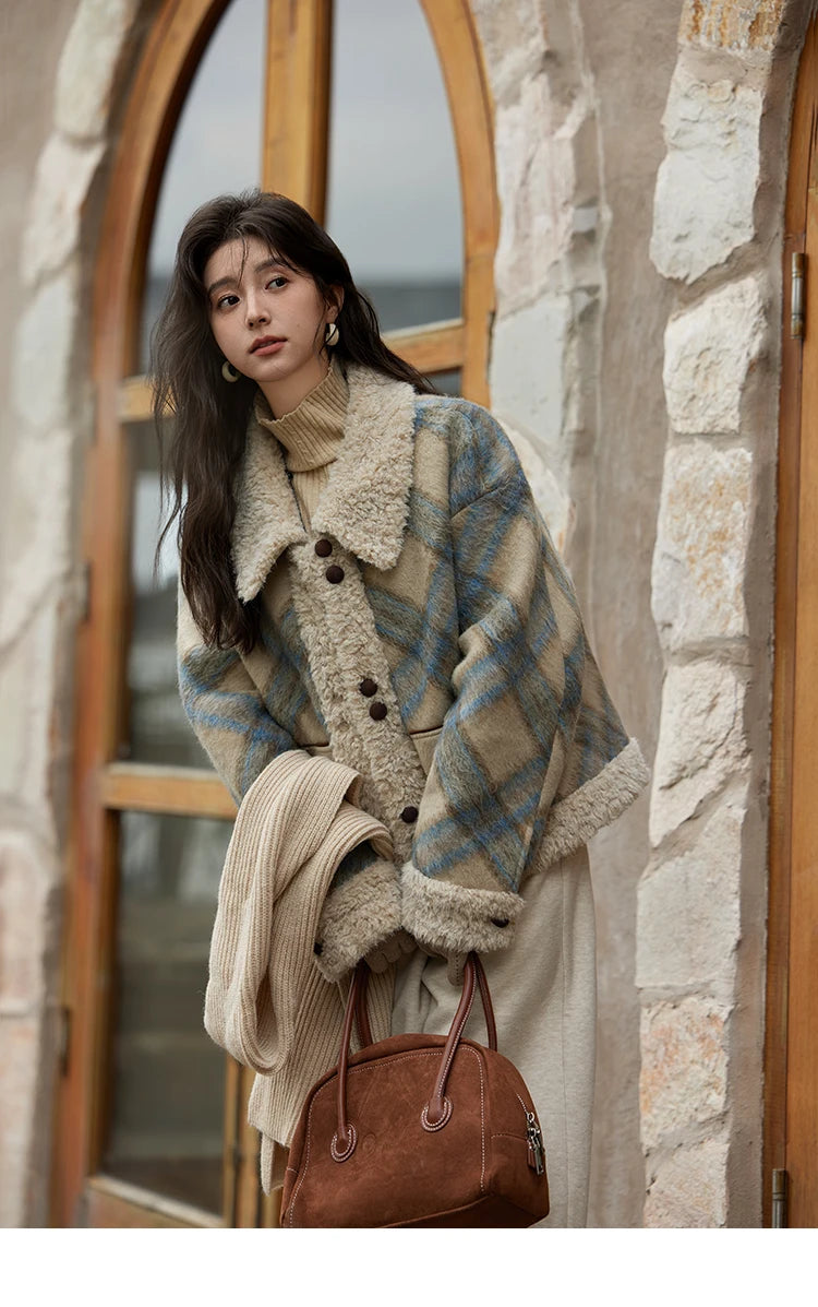 MISHOW Splicing Fleece Plaid Tweed Jacket Turn Down Collar MXD55W0574