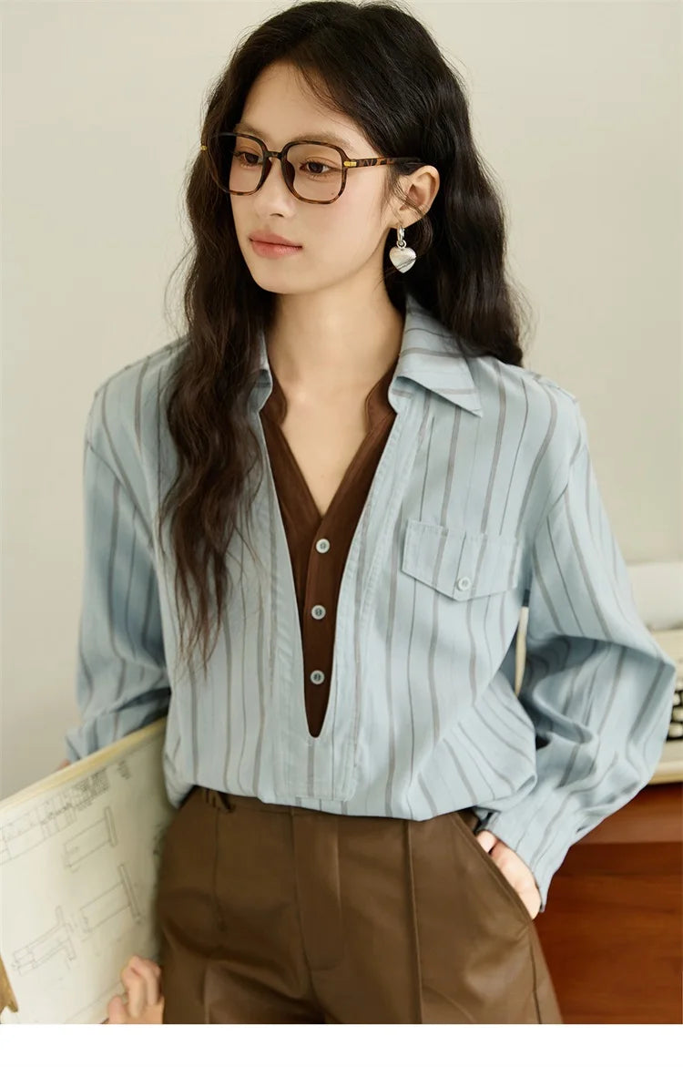 MISHOW Peach Skin Velvet Stripe Shirt Double Layered Collar MXE47C2408