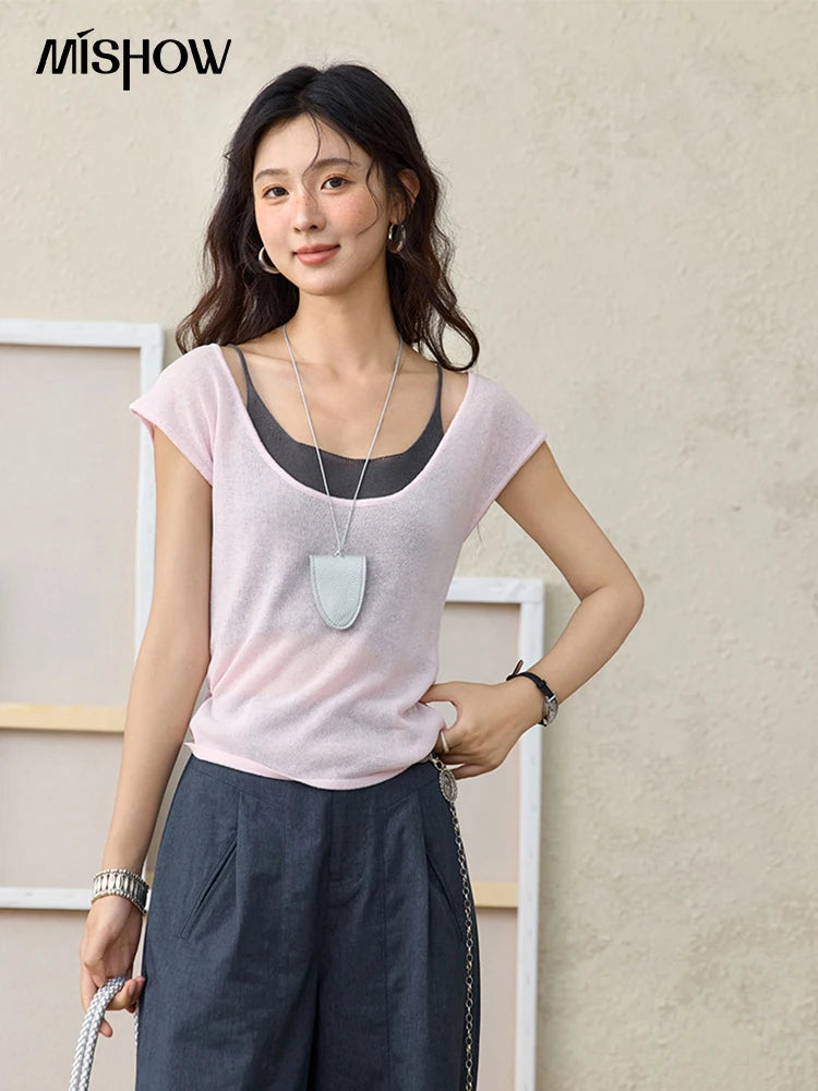 Mishow Linen Contrast Fake Two-Piece Knit Tee MXE36Z1277