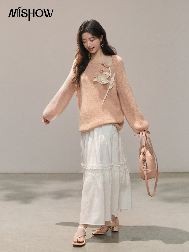 Mishow Pinkish Beige 3D Floral Applique Crew Neck Sweater MXE47Z2649