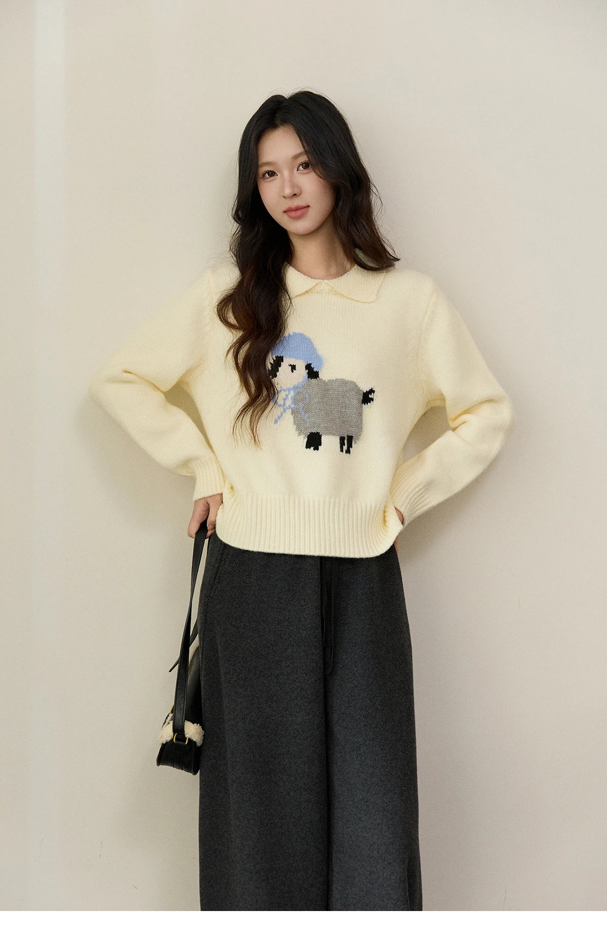 Mishow Beige Sheep Pattern Round Collar Sweater MXE94Z2962