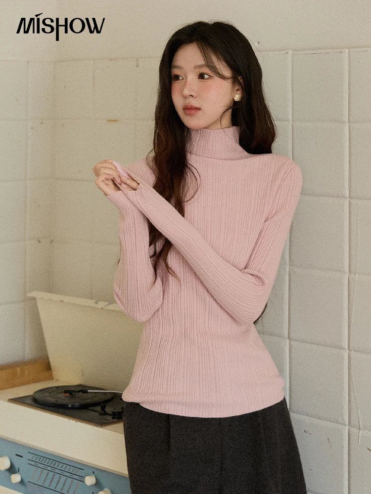 Mishow Solid Turtleneck Vertical Ribbed Slim Top MXE86Z2656