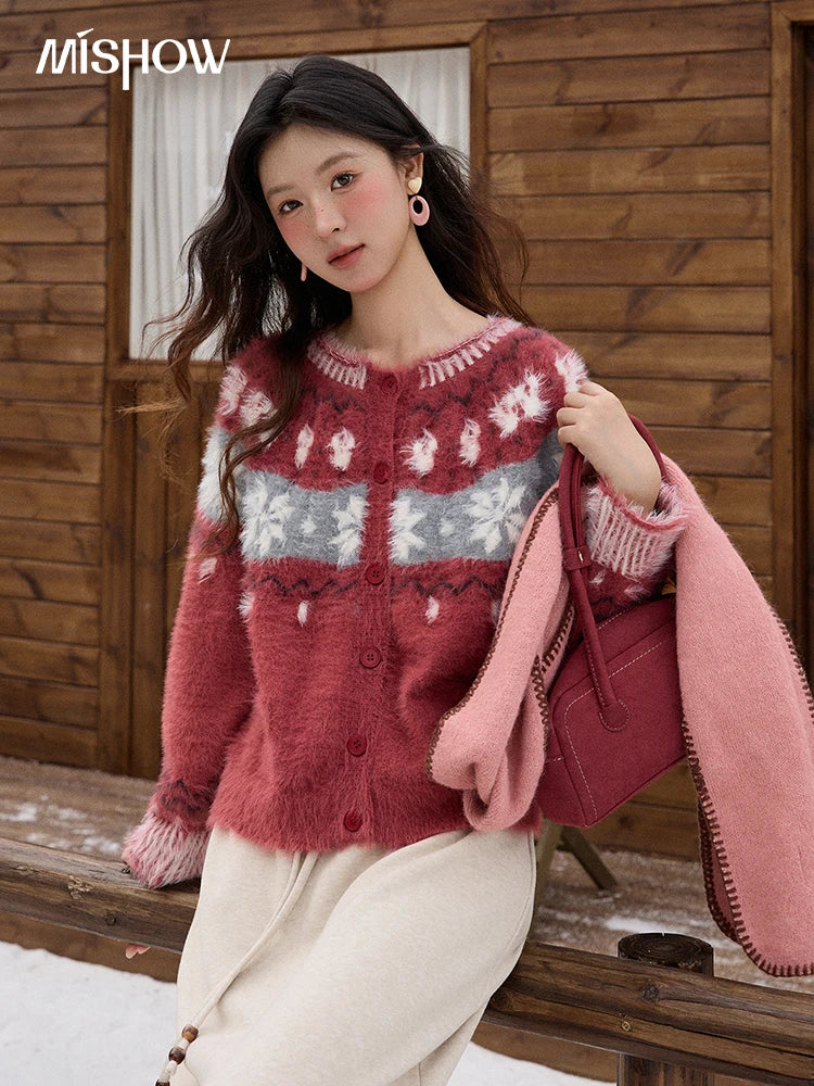 Mishow Red Imitation Mink Fur Snowflake Cardigan MXE91Z2801