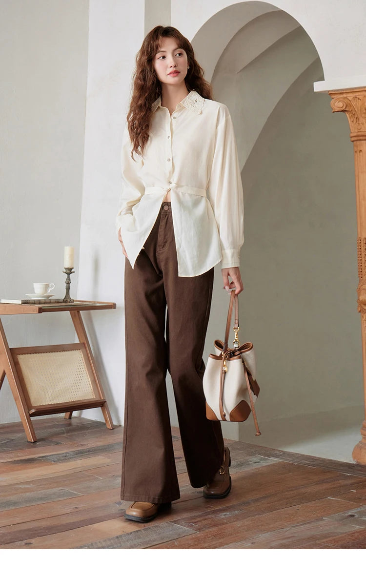 MISHOW Casual Loose Shirt Embroidery Hollowed Out Turn-Down Collar MXC41C0077