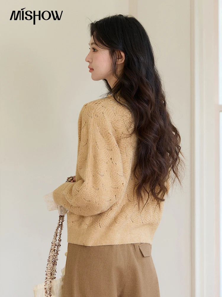 Mishow Hollow-out V-Neck Bobble Knit Cardigan MXF108Z1020