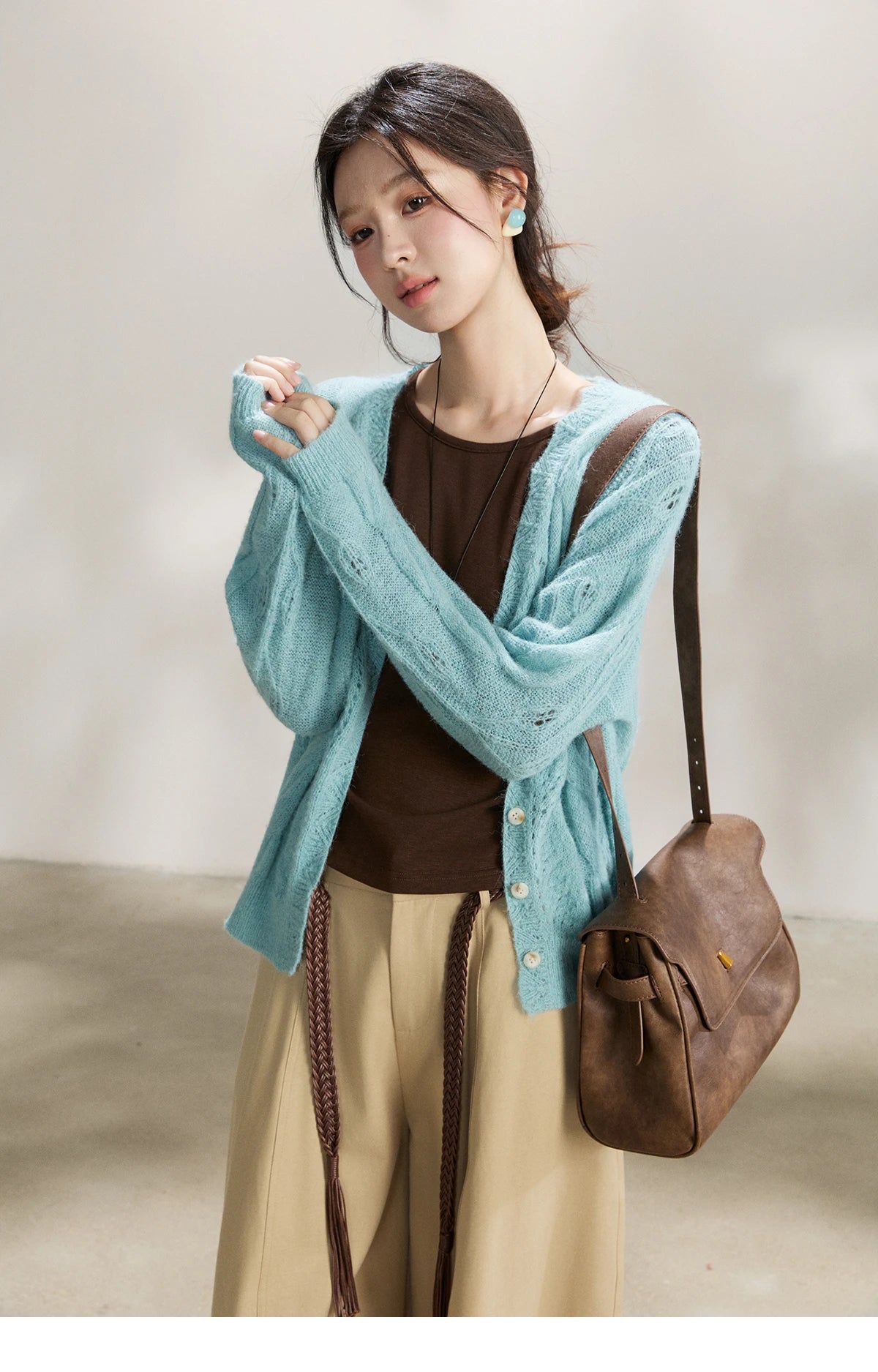Mishow Blue Hollow Out V-Neck Wool Cardigan MXF13Z2975