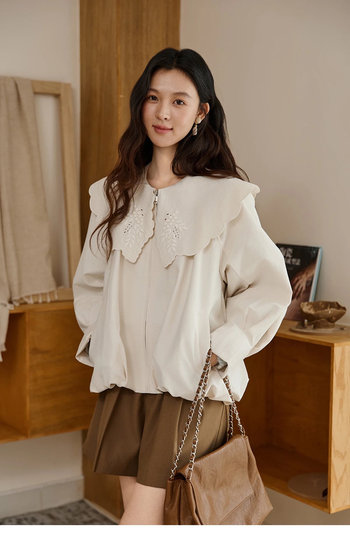MISHOW Wheat Sprout Embroidery Coat Doll Collar Hem Folded Zipper MXE45W0860