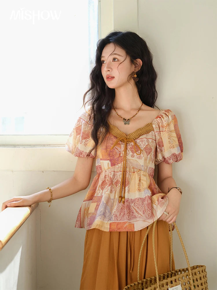 MISHOW V-Neck Lace Up Patchwork Blouse Puff Sleeve Floral Print MXE38X1911