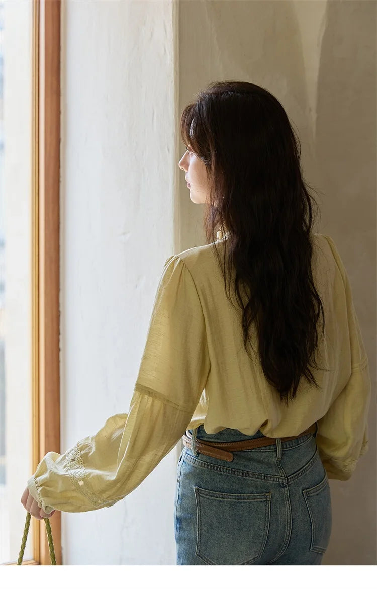 MISHOW Women's Light Yellow Linen Shirt Stand Collar Lace Sleeves MXE42X1976