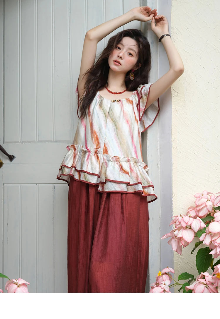 MISHOW Retro Stripe Print Blouse O-Neck Butterfly Sleeve MXE38X1862