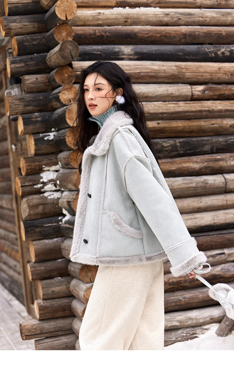 Mishow Suede Plush Fur Collar Jacket with Bag MXD57W0737