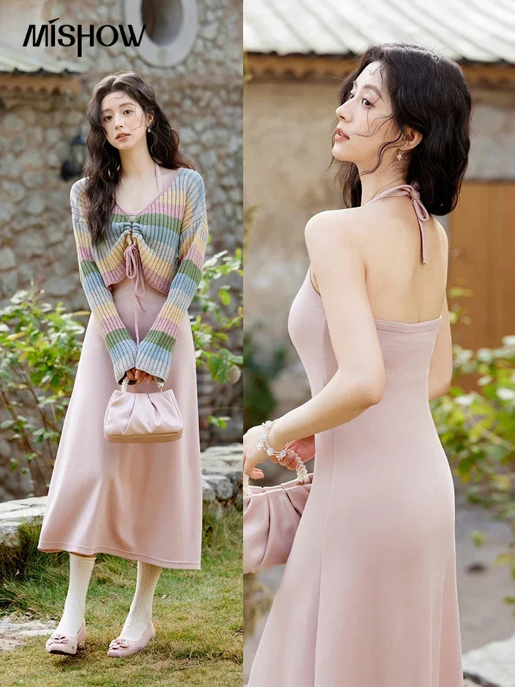 Mishow Colorful Striped Sweater Slim Knit Dress MXE11L2086