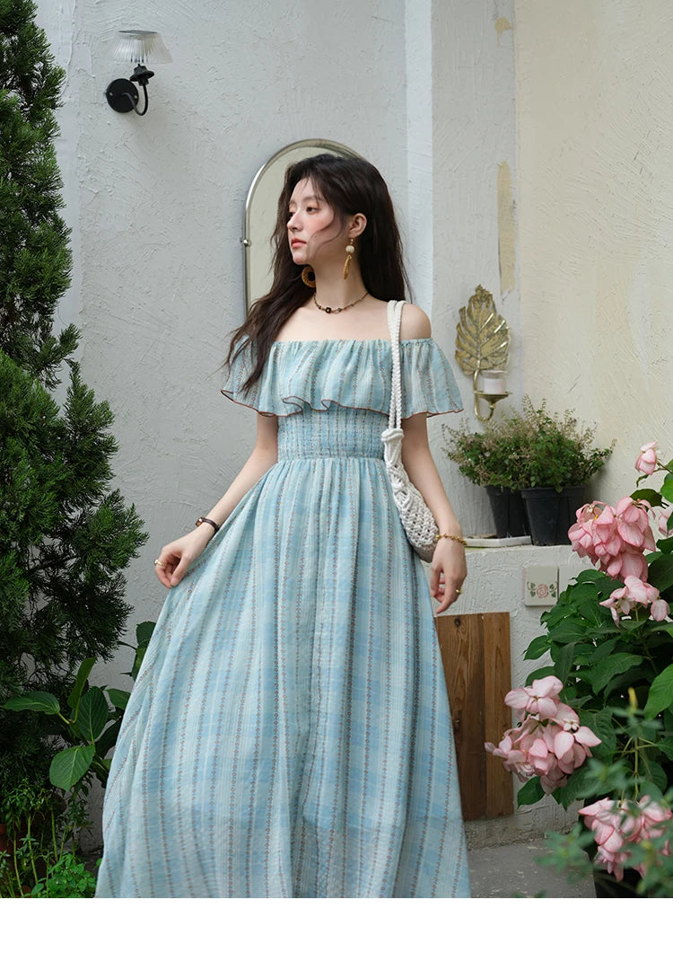 Mishow French Slash Neck Striped Chiffon Dress MXE39L2380