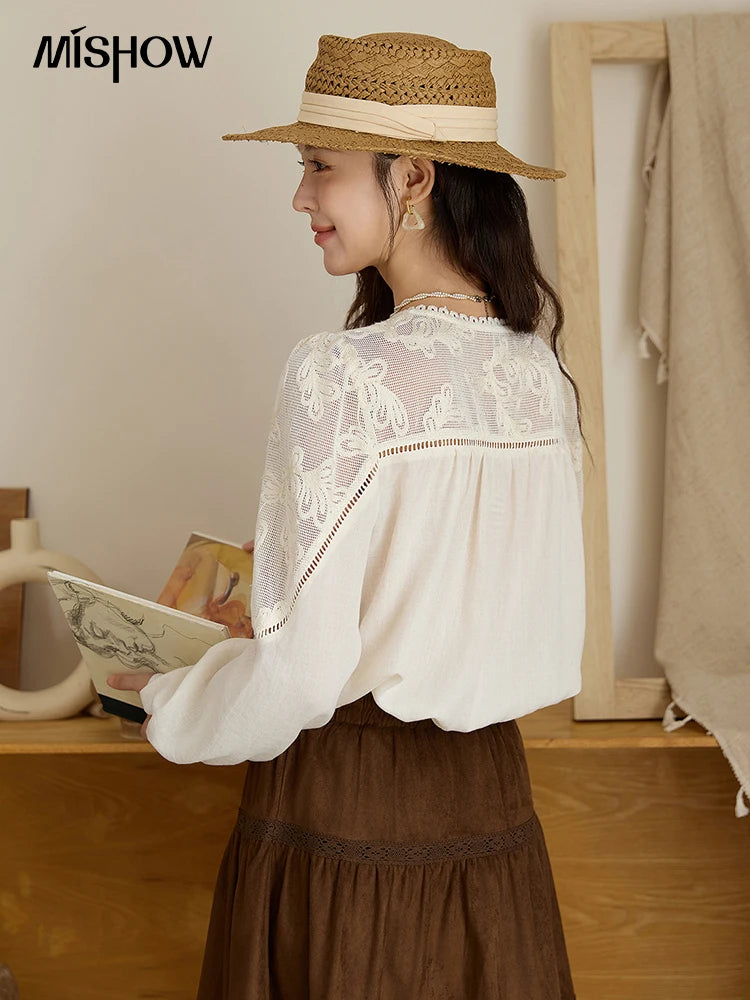 MISHOW Beige Hollow Out Embroidery Shirt O-Neck MXE44X2498