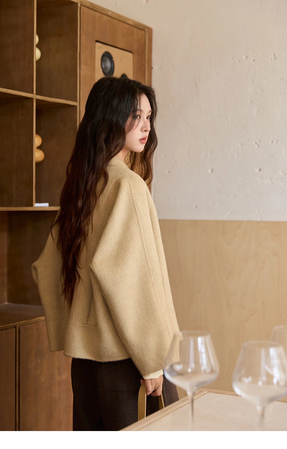 Mishow 100% Wool Retro Apricot Double-Faced Butterfly Button Coat MXE51W0887