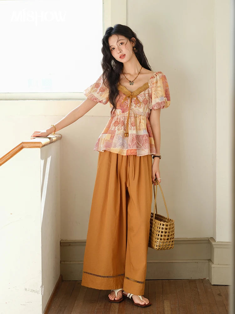 MISHOW V-Neck Lace Up Patchwork Blouse Puff Sleeve Floral Print MXE38X1911