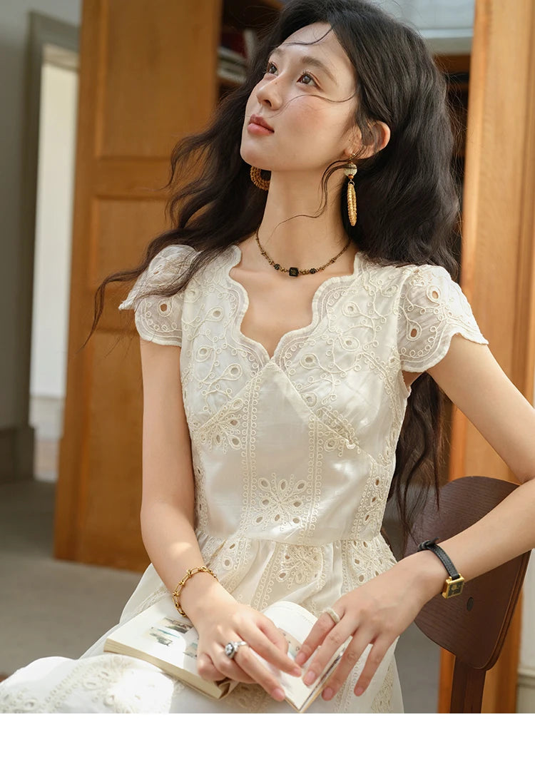 Mishow Flying Sleeve V-Neck Hollow Embroidered Dress MXE39L2404