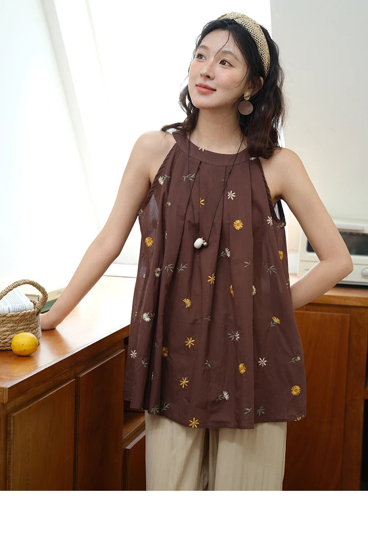 Mishow Embroidery Hanging Neck Sleeveless Top & Khaki Wide Leg Pants Set MXE39T0713