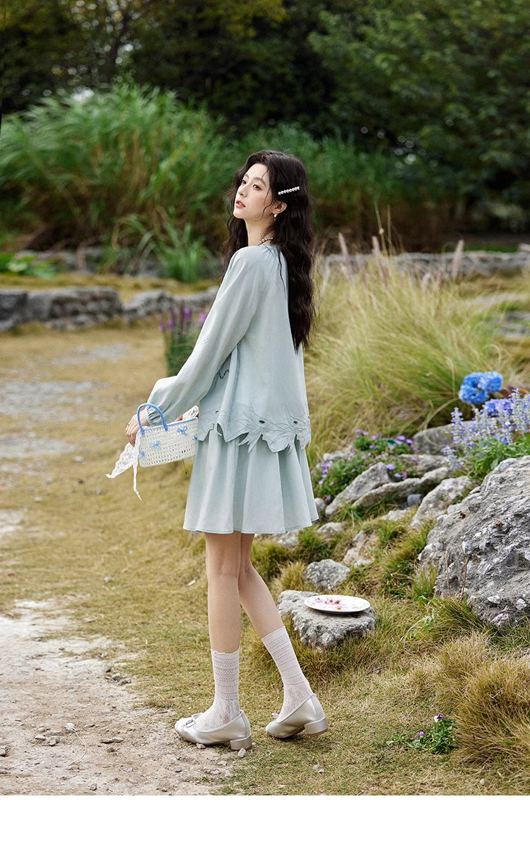 Mishow Vintage Hollow Embroidery Blouse & Solid A-Line Skirt Set MXE12T0455