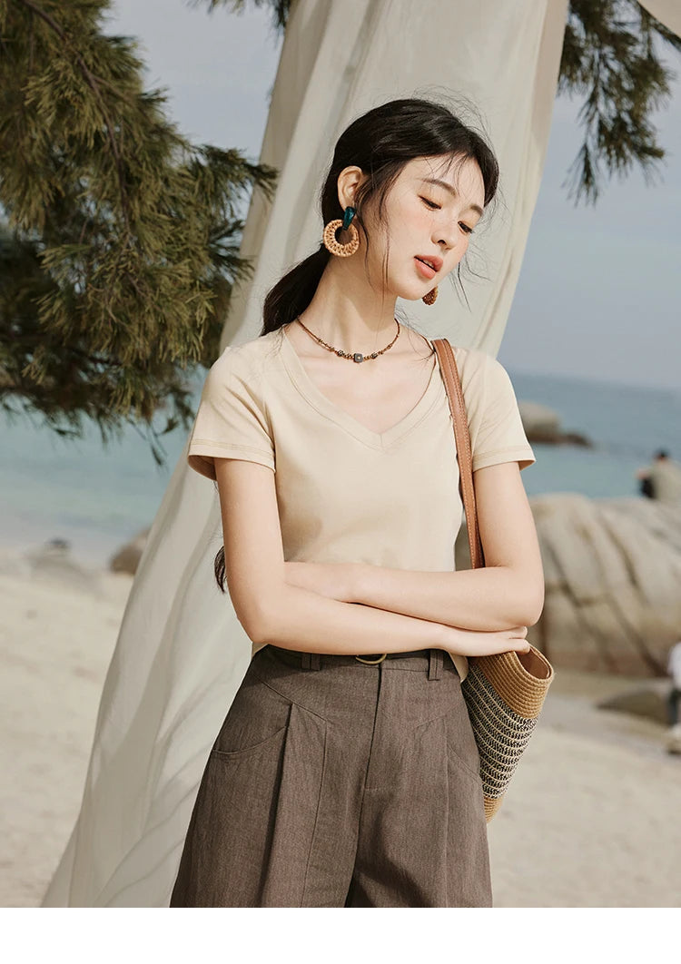 Mishow Solid V-Neck Slim Cotton Tee MXE33T0519