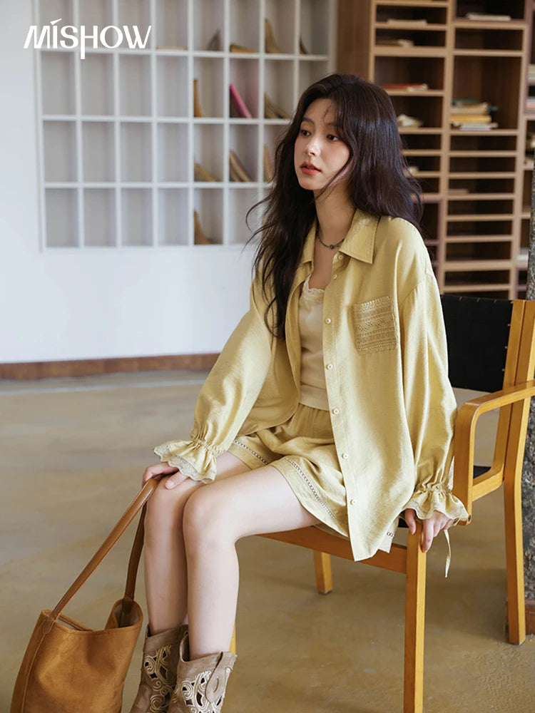 Mishow Yellow Linen Lace Shirt & Camisole & Shorts Three-Piece Set MXE42T0718