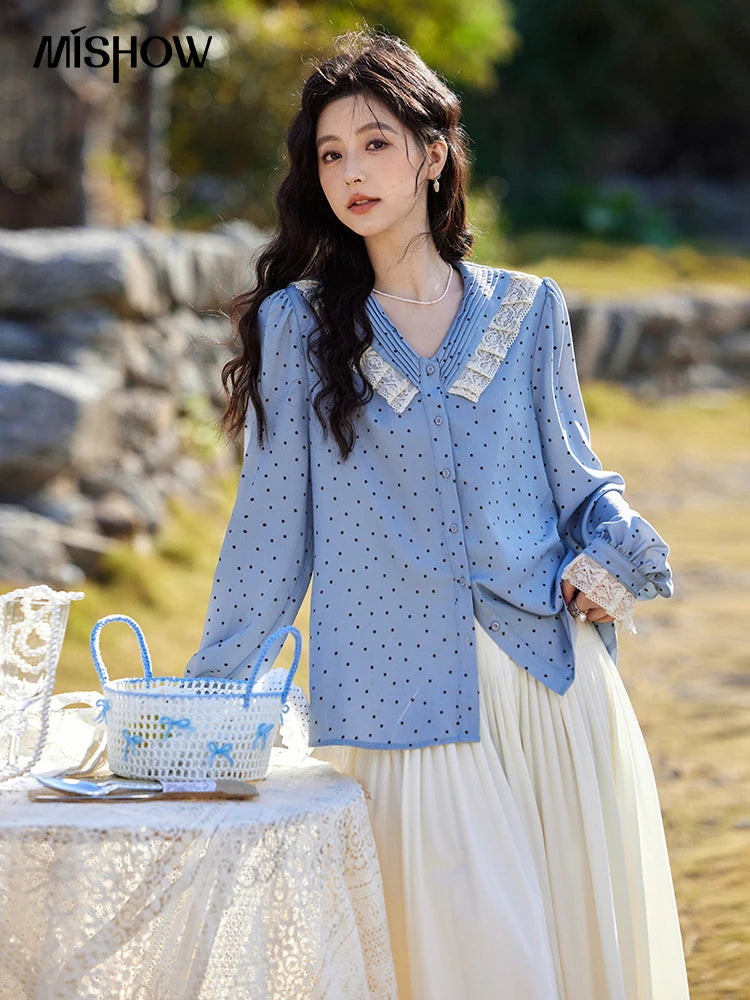 MISHOW Lace Patchwork Polka Dot Shirt V-Neck Hollow Out MXE12X1707