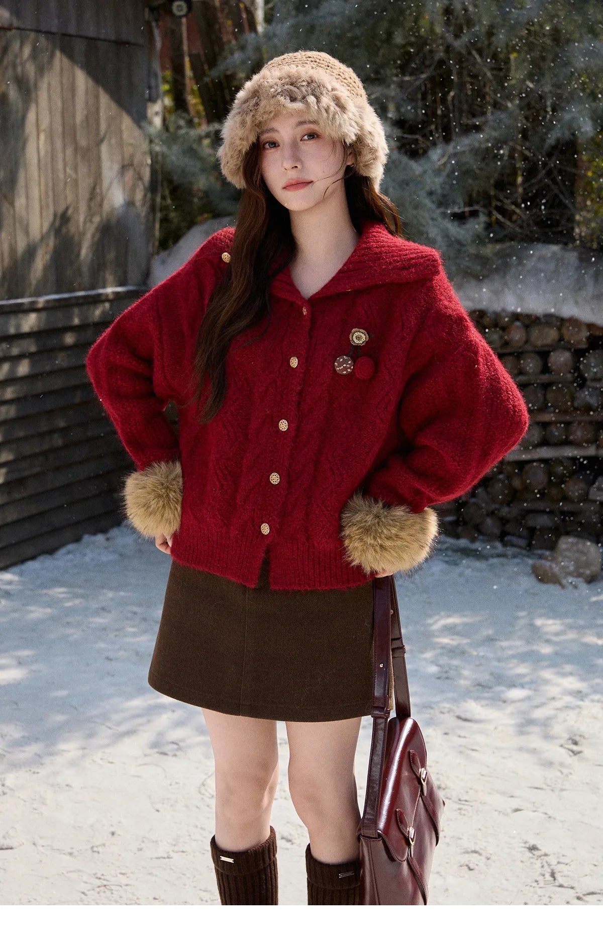 Mishow Red Cable Knit Stand Collar Cardigan MXE92Z2827