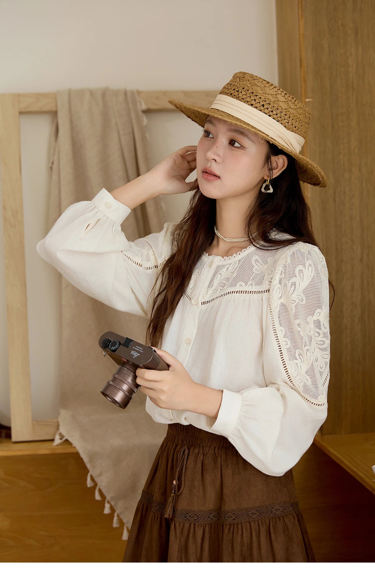 MISHOW Beige Hollow Out Embroidery Shirt O-Neck MXE44X2498