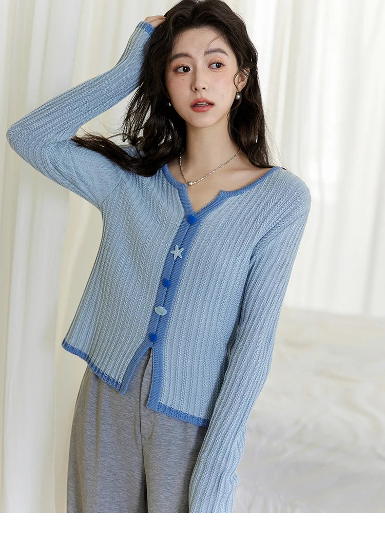 Mishow Blue V-Neck Shell Button Wool Blend Sweater MXE14Z1184