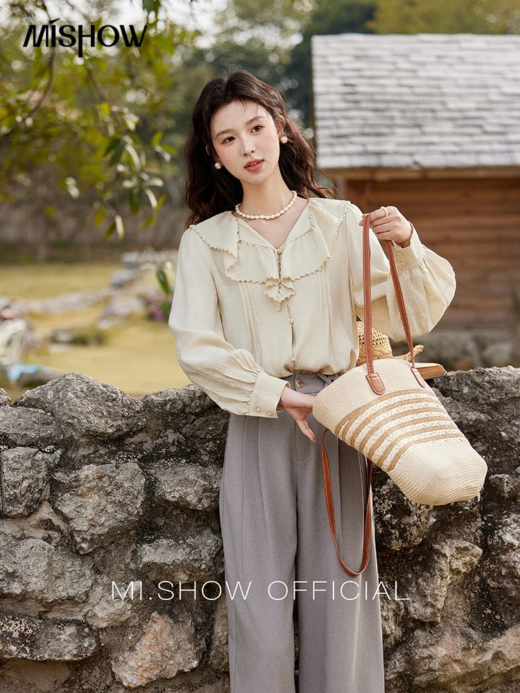 MISHOW Lotus Leaf Collar Shirt Bubble Sleeves Pink Chiffon MXE12X1702