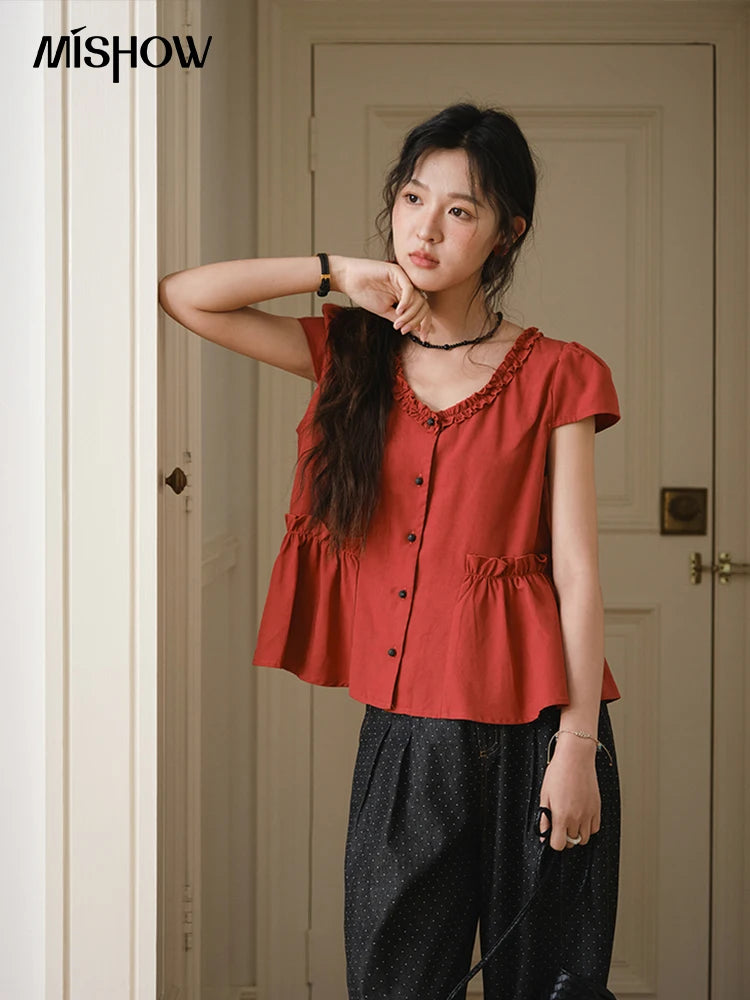 MISHOW Mushroom Edge V-Neck Blouse Button Short Sleeve MXE38X1867