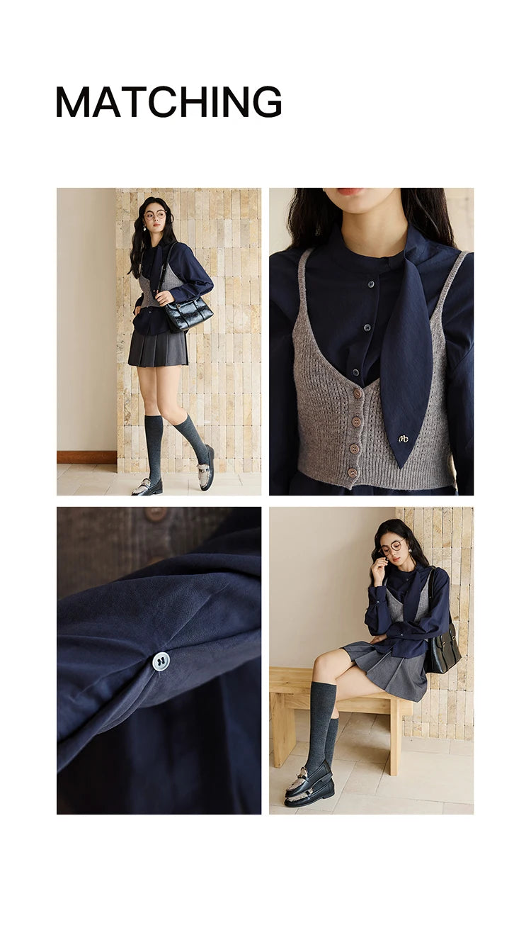 MISHOW Navy Ribbon Layered Shirt Knit Camisole Two-Piece Set MXE47T1412