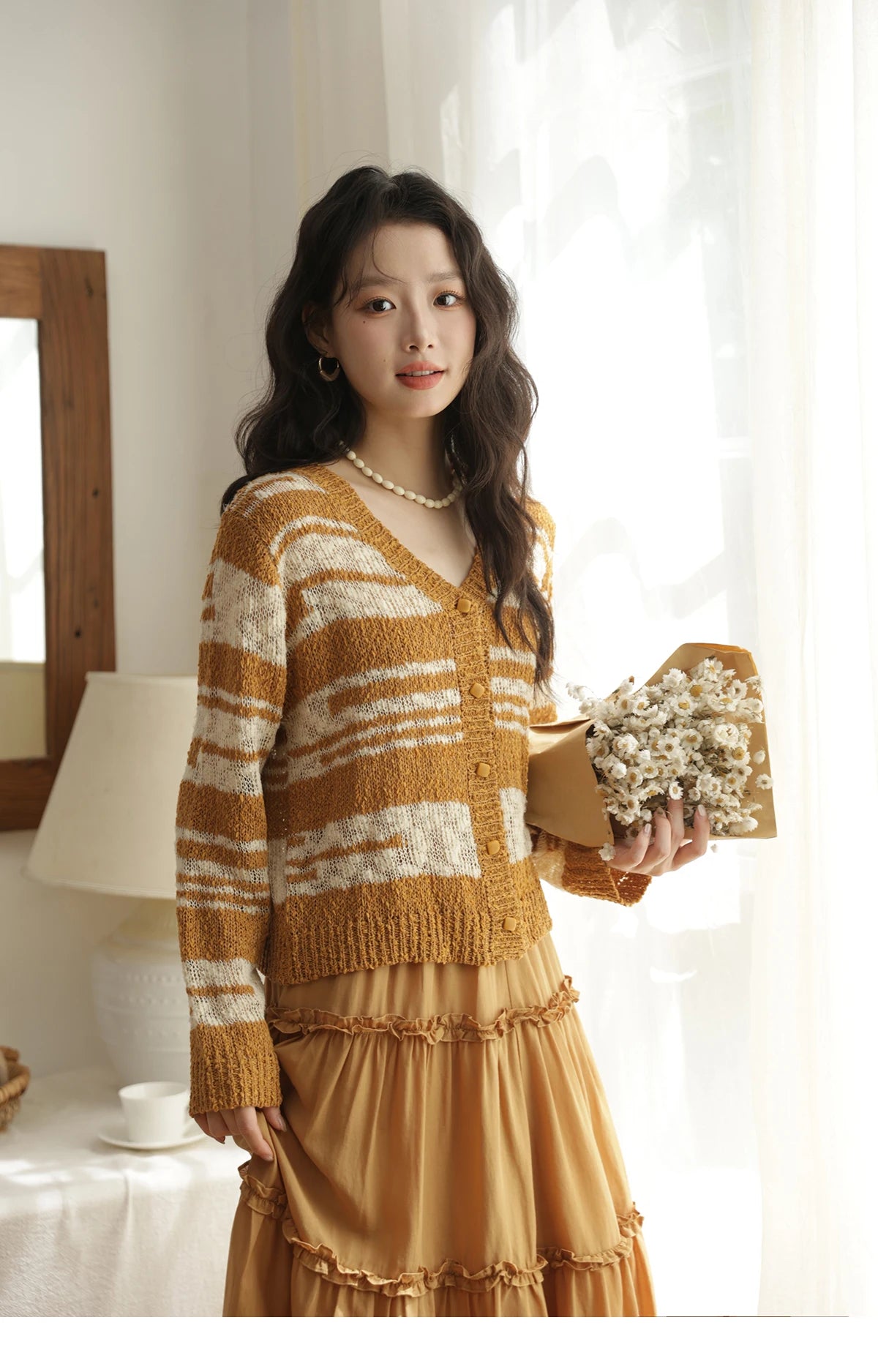 Mishow Retro Yellow Striped V-Neck Cardigan MXE44Z2516